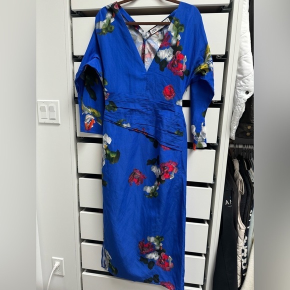 ZARA TRAF S/S 24 Hand Dyed Blue Floral Chinoserie Dress Draped Long Sleeve Sz M - Picture 4 of 12